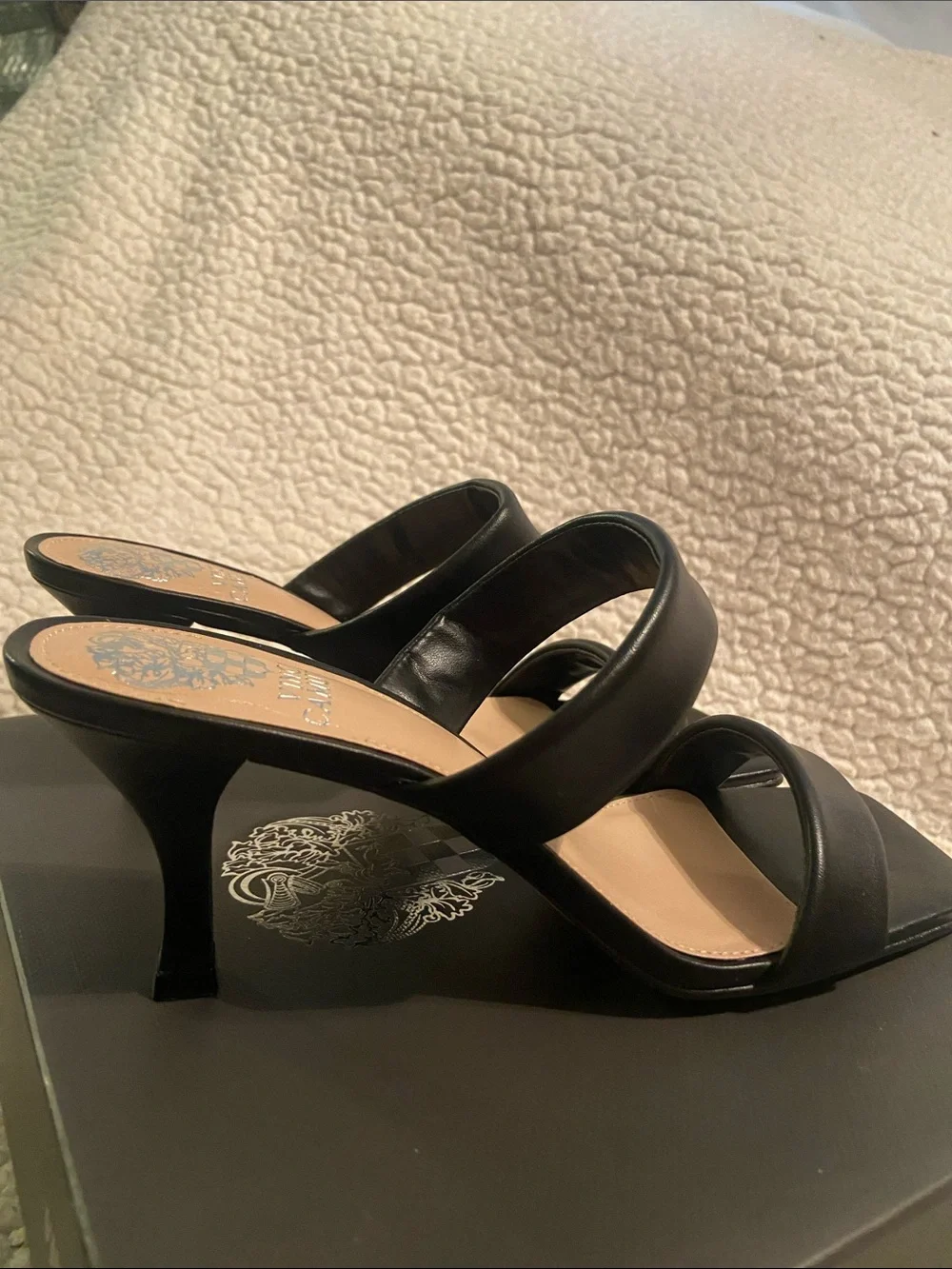 Vince Camuto Black Double-Strap Mid Heel Sandals